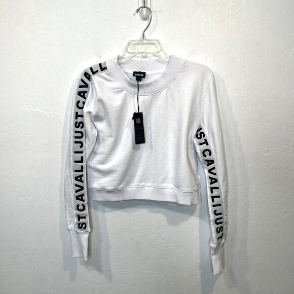 NWT Just Cavalli White cropped Crew-Neck sweatshirt Side Arm Logo Size M sweater - Picture 3 of 11